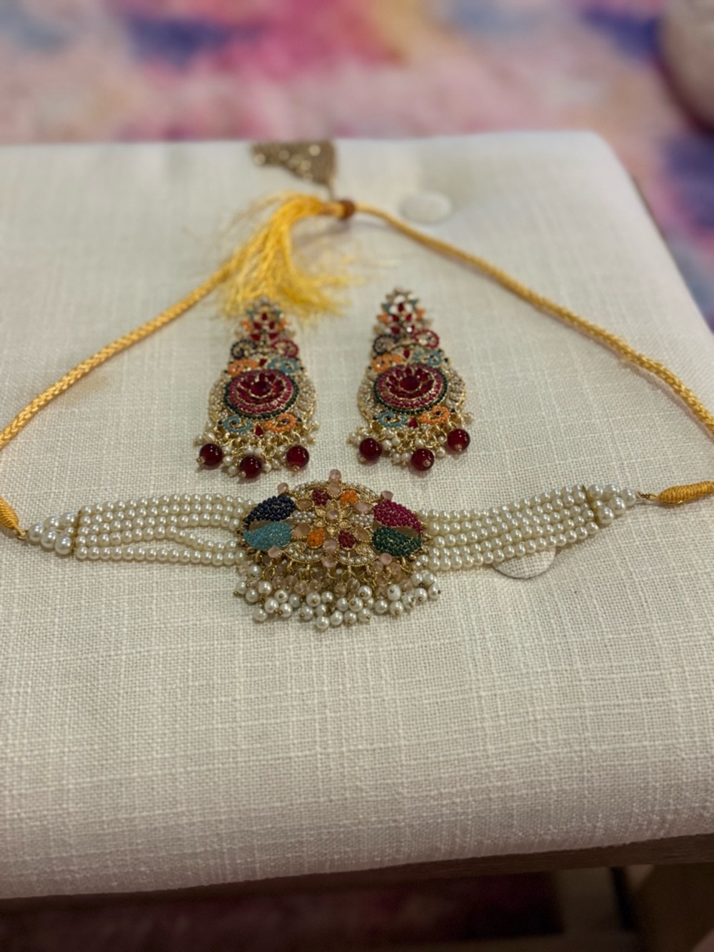 Traditional Multicolor Pearl choker and Earrings Set